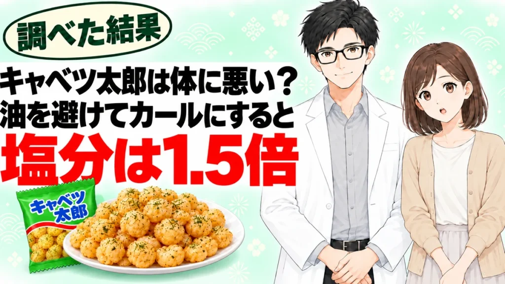 キャベツ太郎は体に悪い？油を避けてカールにすると塩分は1.5倍と書かれたアイキャッチ