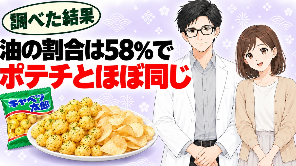 キャベツ太郎の油の割合は58%でポテトチップスとほぼ同じと書かれたバナー