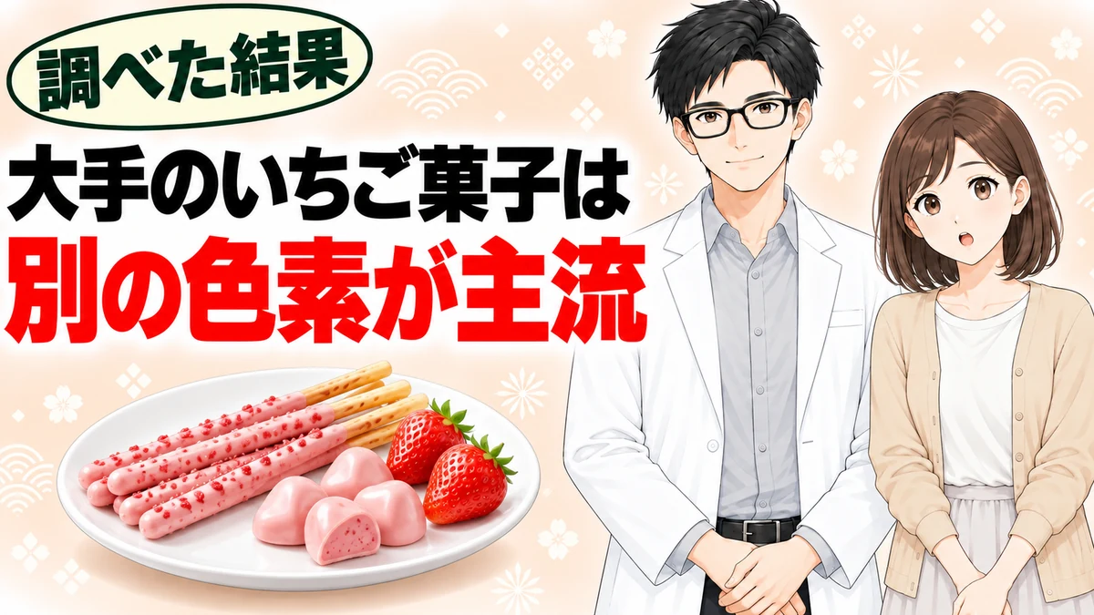 大手のいちご菓子はコチニール以外の別の色素が主流と書かれたバナー
