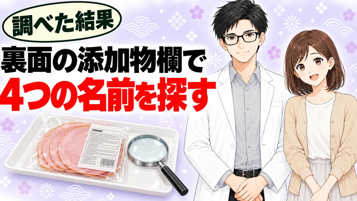 裏面の添加物欄でコチニール色素の4つの名前を探すと書かれたバナー