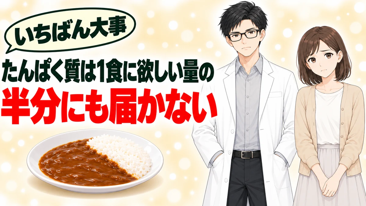 たんぱく質は1食に欲しい量の半分にも届かないと伝えるバナー