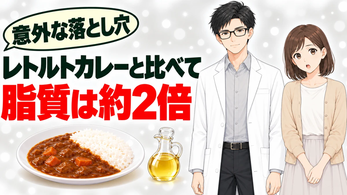 レトルトカレーと比べて脂質は約2倍と伝えるバナー