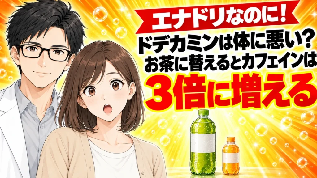 ドデカミンは体に悪いのかを検証した成分ラボのアイキャッチ。お茶に替えるとカフェインは3倍に増える