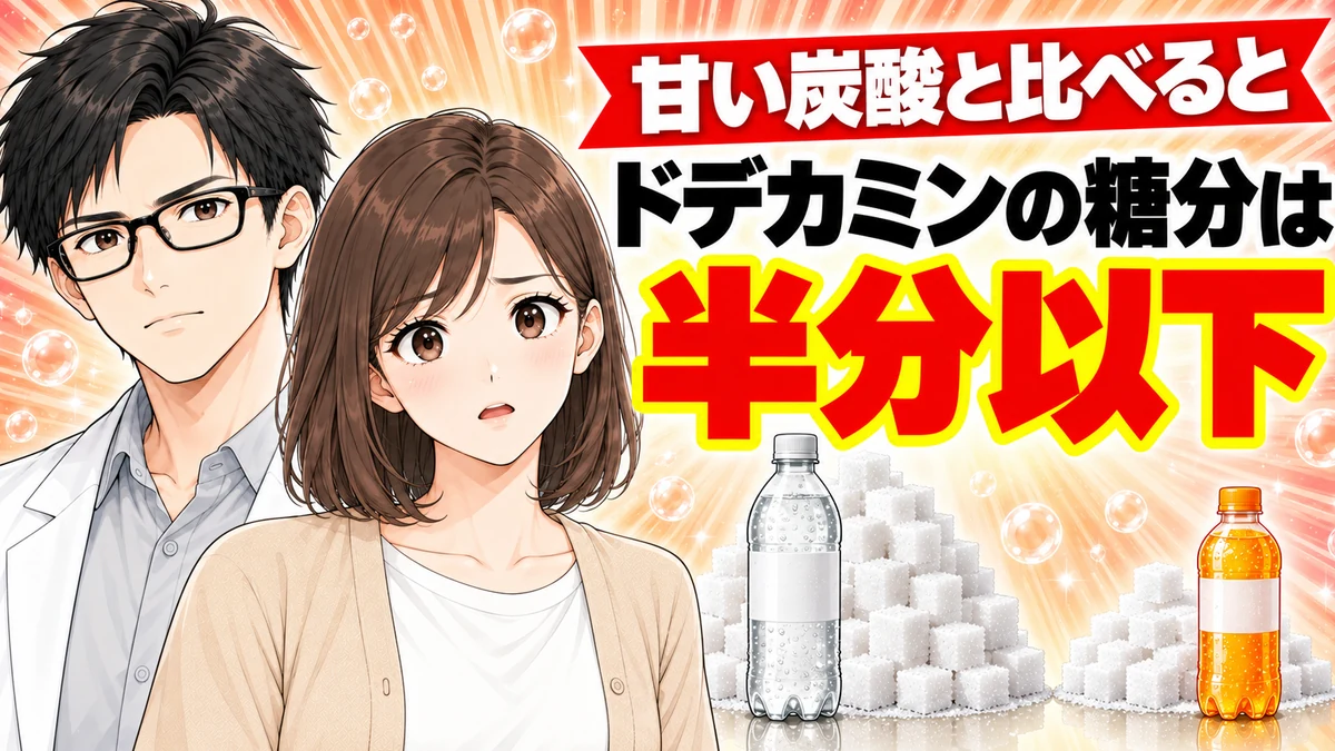 ドデカミンの糖分は甘い炭酸飲料の半分以下と伝えるバナー