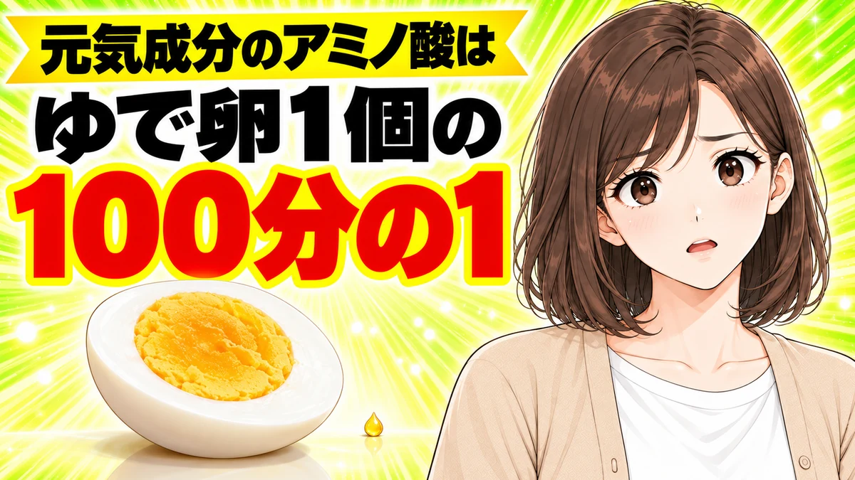 元気成分のアミノ酸はゆで卵1個の約100分の1と伝えるバナー