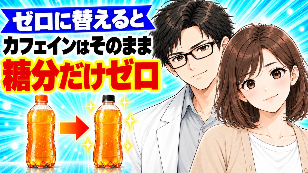ゼロに替えるとカフェインはそのままで糖分だけゼロになると伝えるバナー