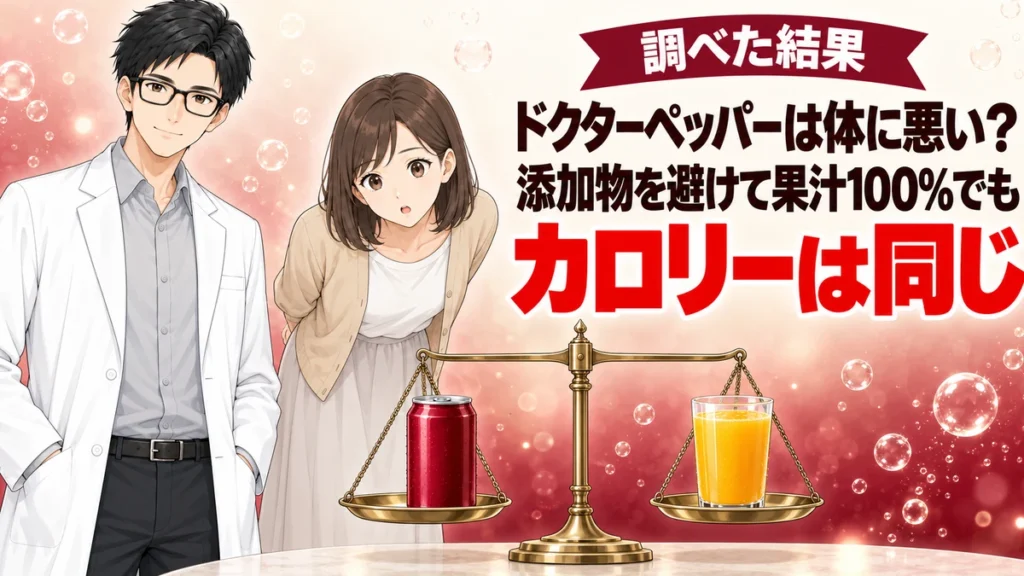 ドクターペッパーは体に悪い？添加物を避けて果汁100%でもカロリーは同じ、と天秤で缶とオレンジジュースを比べるセイジとナナのアイキャッチ