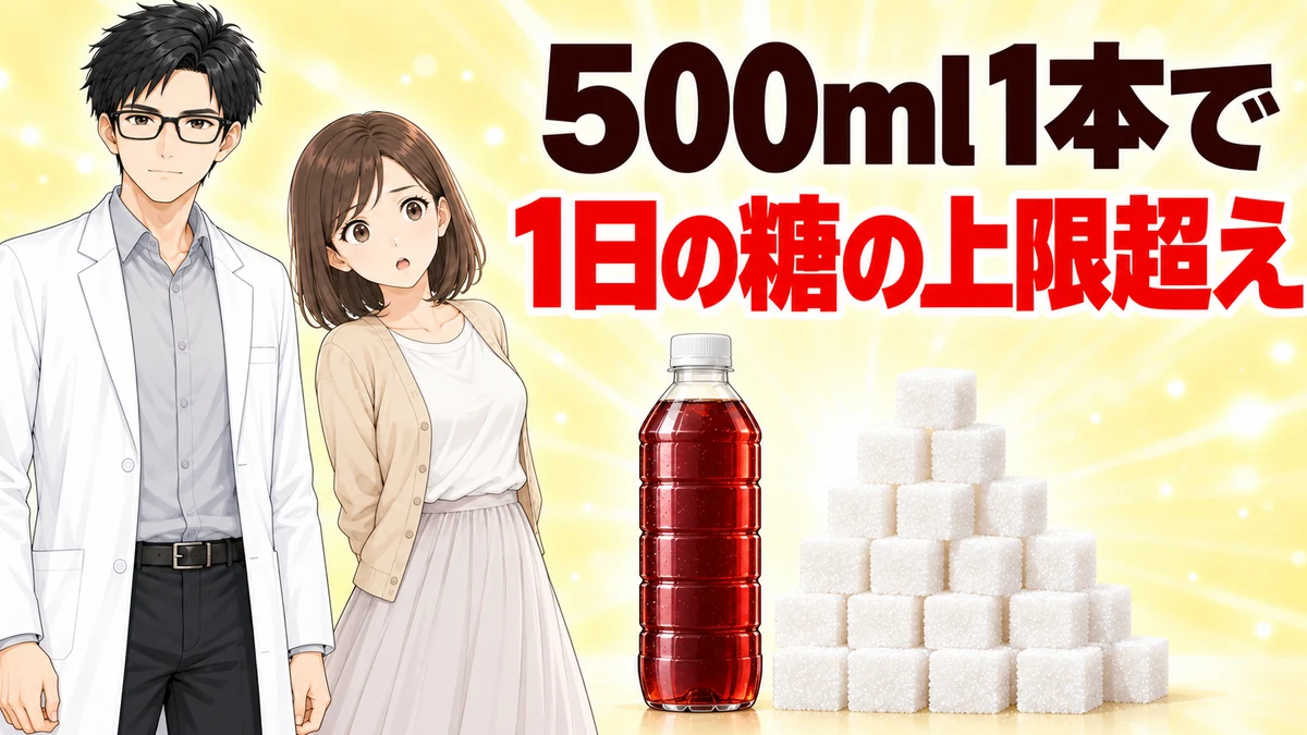 ドクターペッパー500ml1本で1日の糖の上限を超えると書かれたバナー