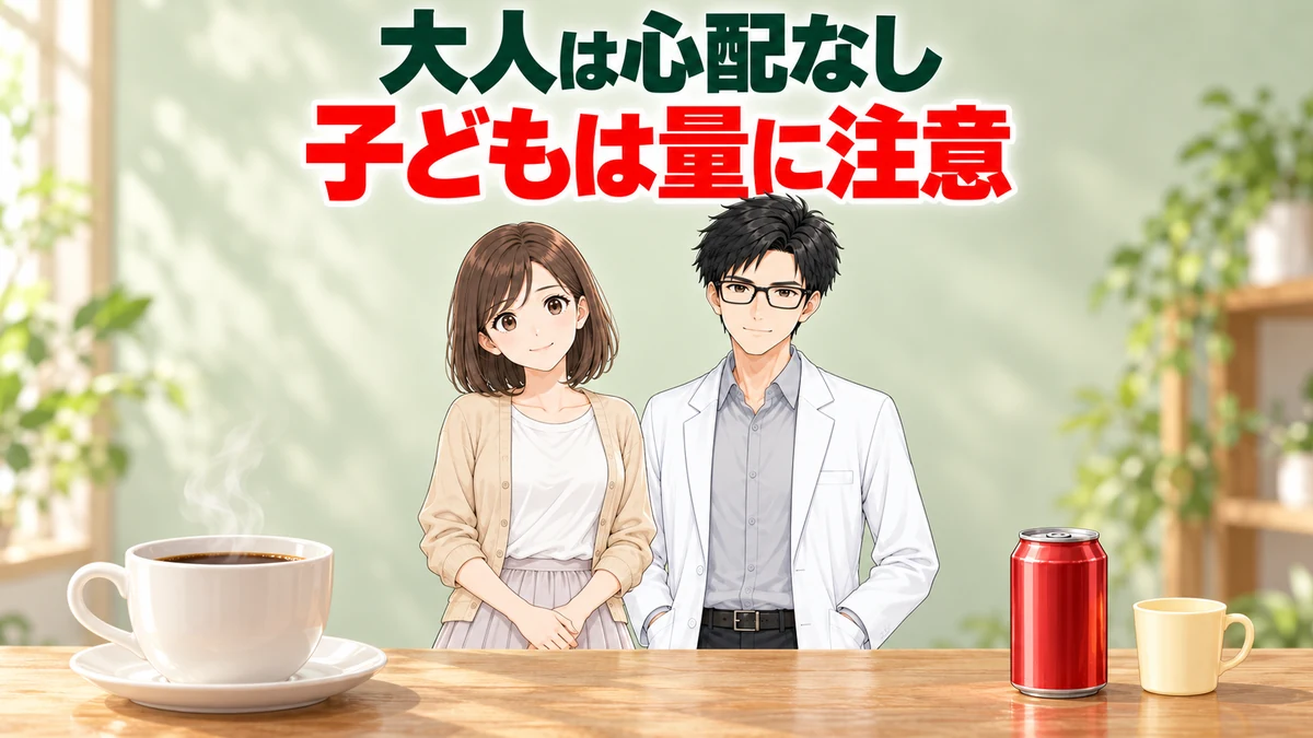 カフェインは大人なら心配ないが子どもは量に注意と書かれたバナー