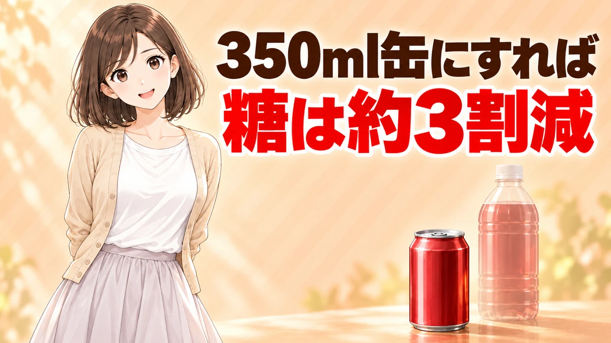 ドクターペッパーは350ml缶にすれば糖が約3割減ると書かれたバナー