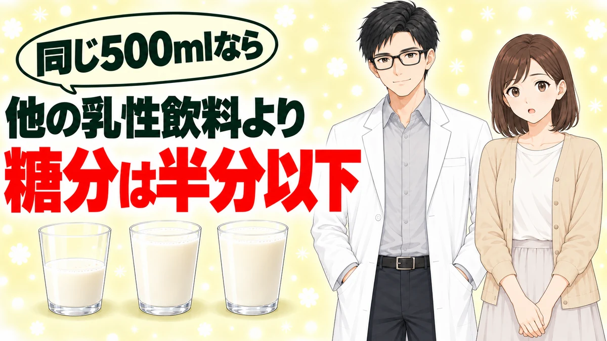 同じ500mlなら他の乳性飲料より糖分は半分以下と伝えるバナー