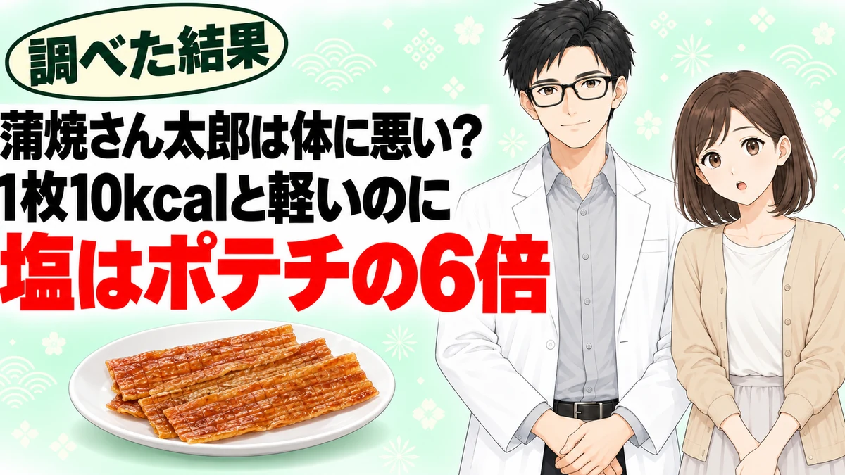 蒲焼さん太郎は体に悪いのかを検証する記事のアイキャッチ。1枚10kcalと軽いのに塩はポテチの6倍と書かれている