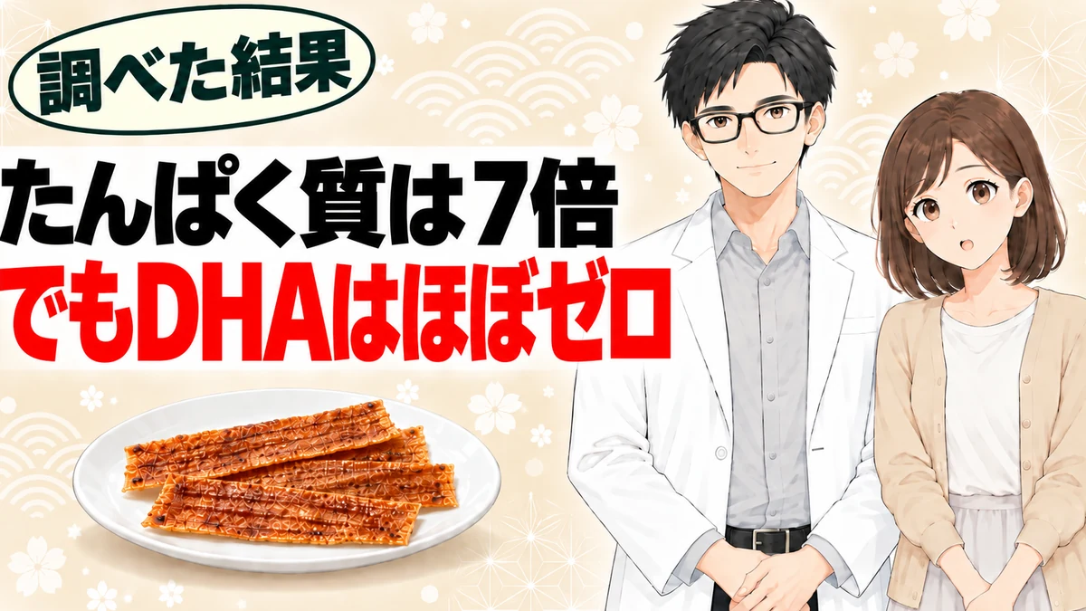 蒲焼さん太郎のたんぱく質は7倍だがDHAはほぼゼロと書かれたバナー