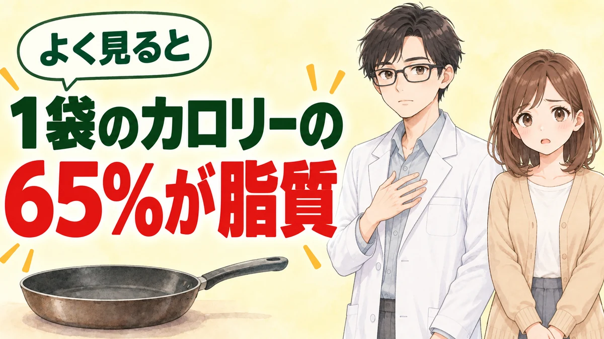 1袋のカロリーの65%が脂質だと伝えるフライパン付きのバナー