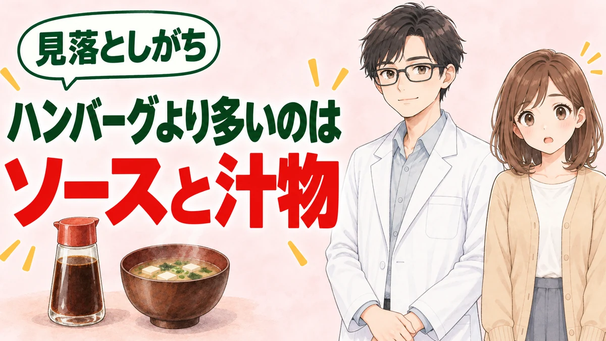 ハンバーグより塩分が多いのはソースと汁物だと伝えるバナー