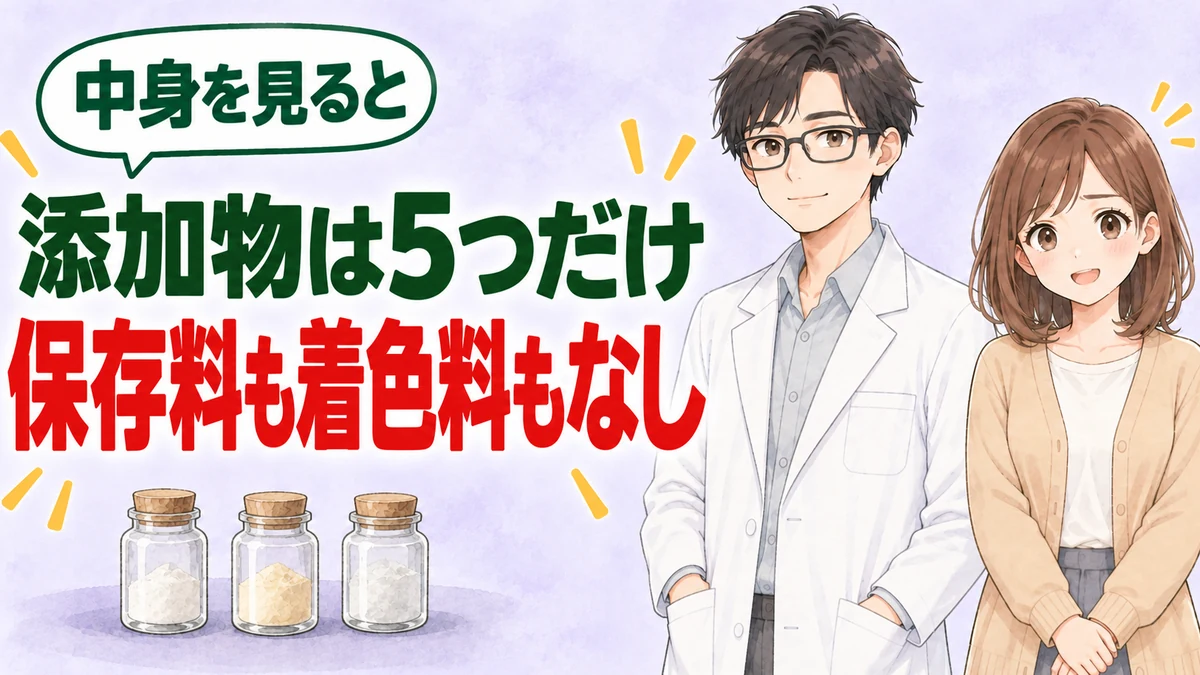 添加物は5つだけで保存料も着色料も使われていないと伝えるバナー