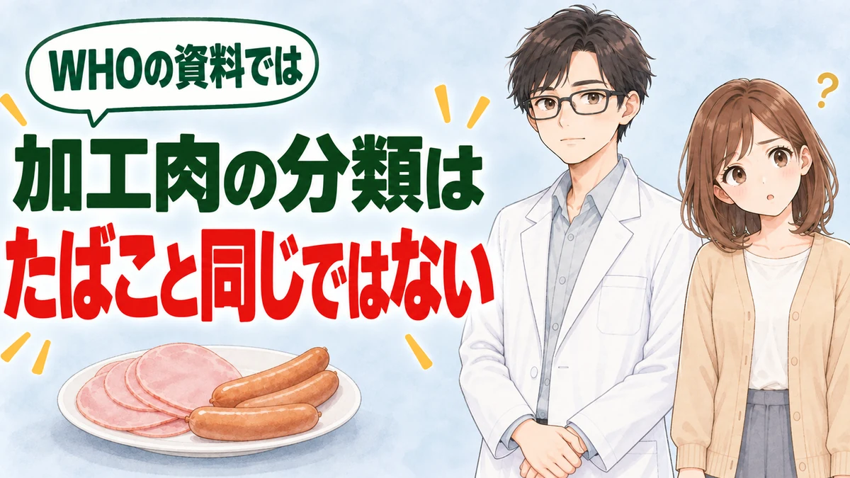 WHOの資料では加工肉の分類はたばこと同じではないと伝えるバナー