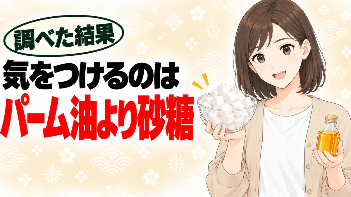 気をつけるのはパーム油より砂糖。角砂糖とパーム油を持つナナ