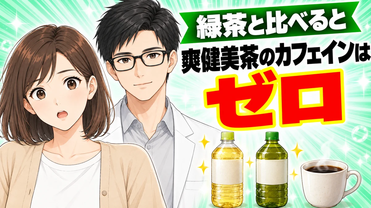 緑茶と比べると爽健美茶のカフェインはゼロと伝えるバナー