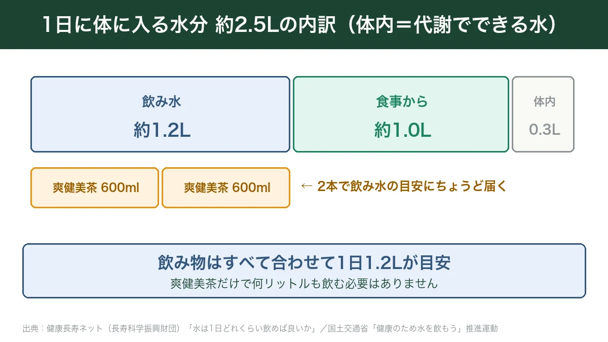 1日に体に入る水分約2.5Lの内訳と飲み水の目安1.2Lを爽健美茶600ml2本で示した図