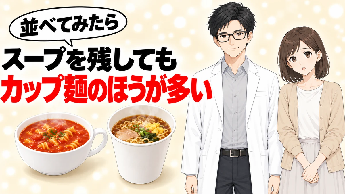 スープを残してもカップ麺のほうが塩分が多いと伝えるバナー