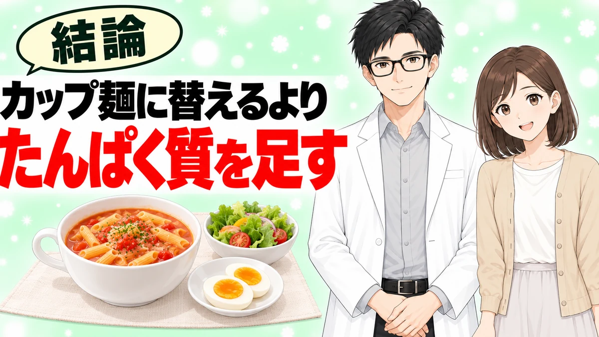カップ麺に替えるよりたんぱく質を足すのが結論だと伝えるまとめのバナー