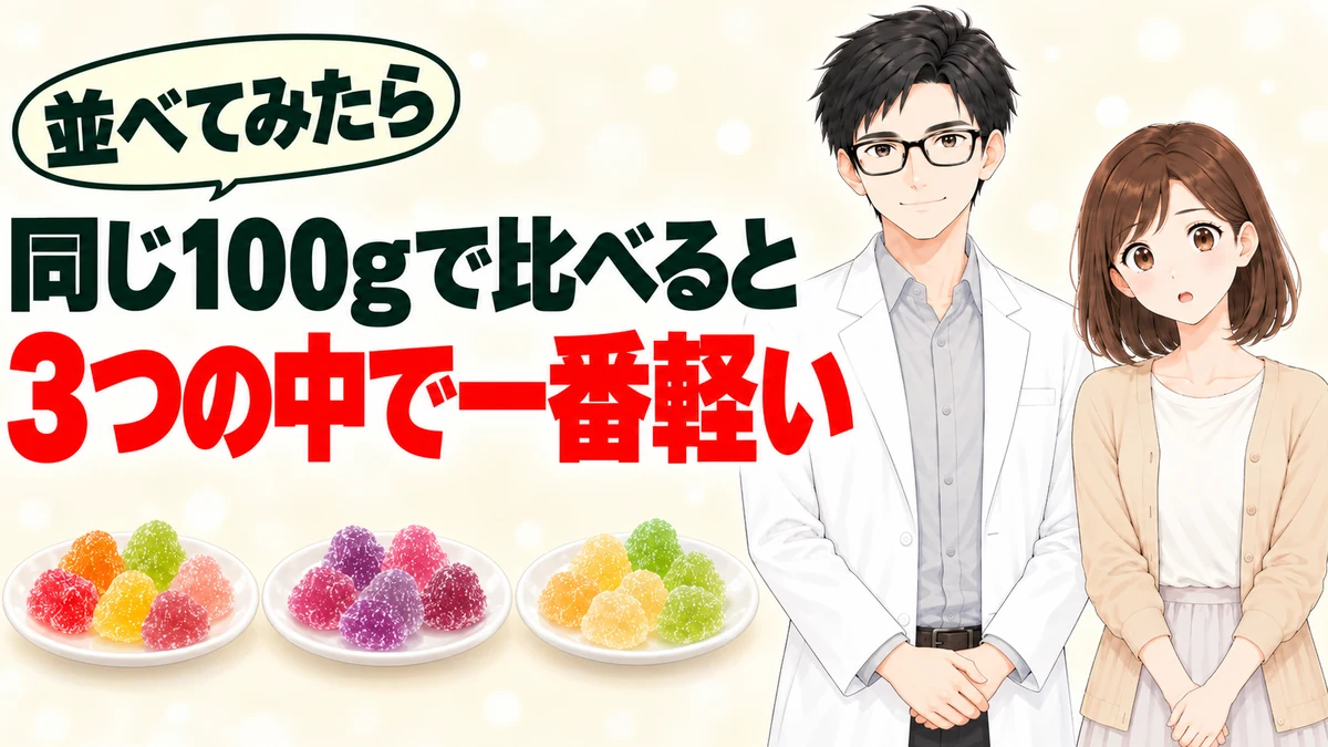 同じ100gで比べるとタフグミが3つの中で一番軽いと伝えるバナー