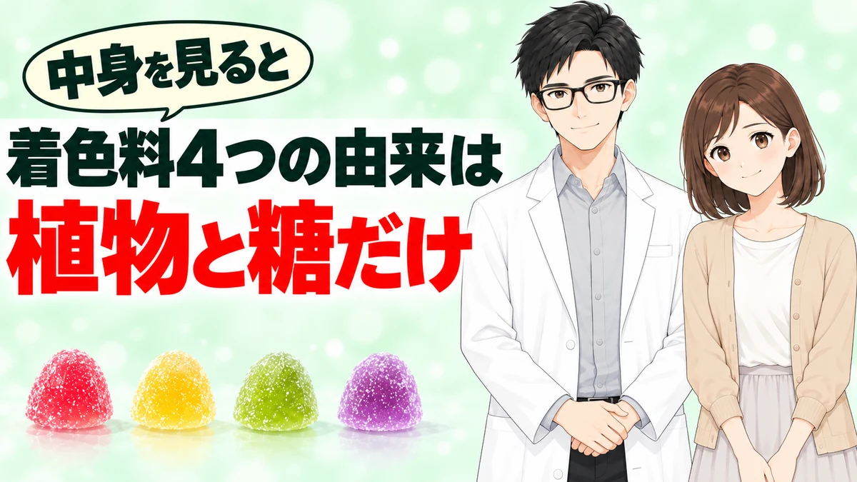 着色料4つの由来が植物と糖だけだと伝えるバナー