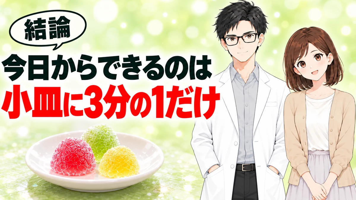 今日からできるのは小皿に3分の1だけ出すことだと伝えるまとめのバナー