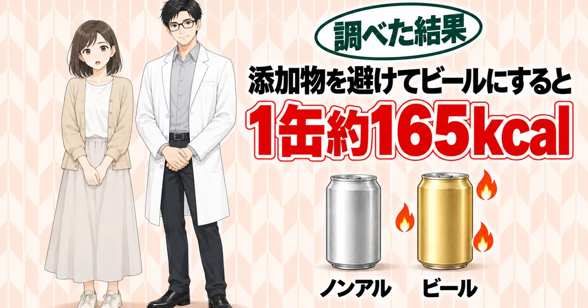 添加物を避けてビールにすると1缶約165kcalになることを、ノンアルとビールの缶で示すバナー