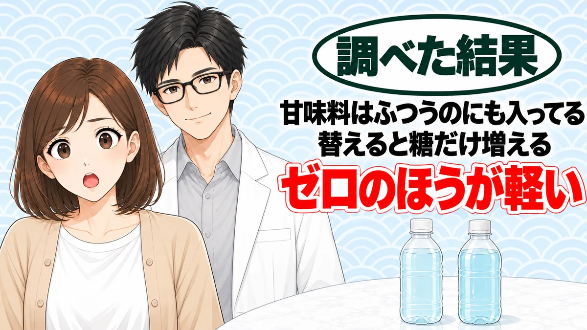 アクエリアスゼロは体に悪い？無地のペットボトル2本を前に驚くナナと微笑むセイジのアイキャッチ