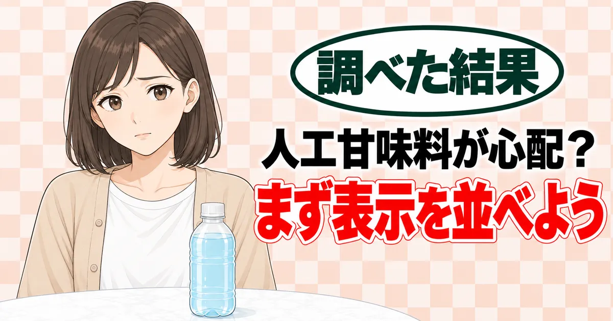 人工甘味料が心配？まず表示を並べよう、と不安そうなナナと無地のペットボトル