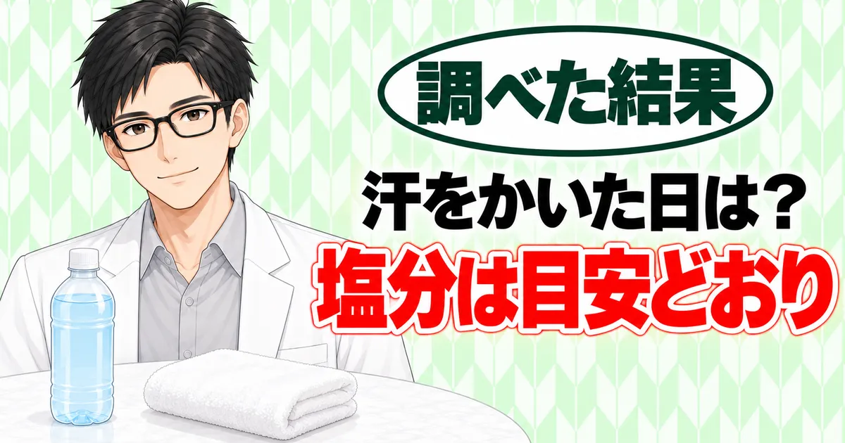 汗をかいた日は？塩分は目安どおり、と微笑むセイジとペットボトルとタオル