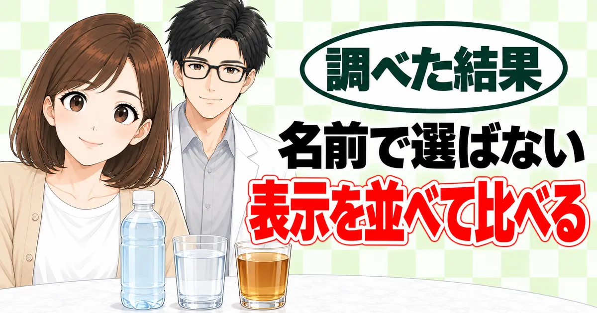 名前で選ばない、表示を並べて比べる、と笑顔のナナとセイジとペットボトル・水・麦茶