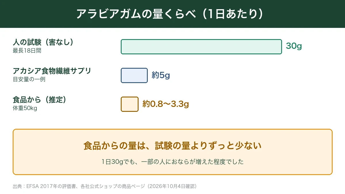 アラビアガムの量 試験30g・サプリ5g・食品から0.8〜3.3g