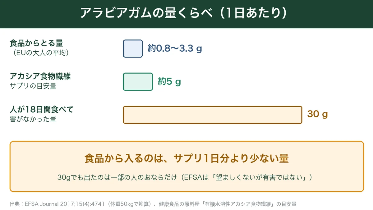 アラビアガムの1日あたりの量の比較(食品・サプリ・試験)