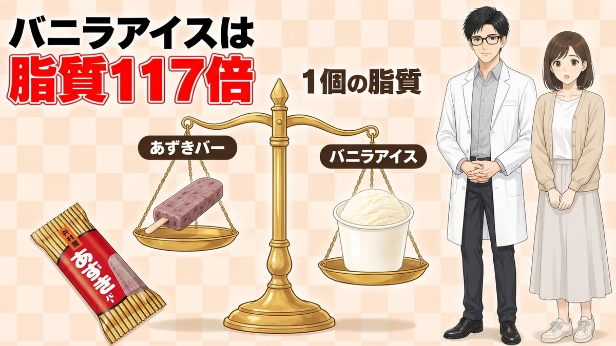バニラアイスは脂質117倍と、天秤であずきバーとバニラアイスの1個の脂質を比べるセイジとナナ