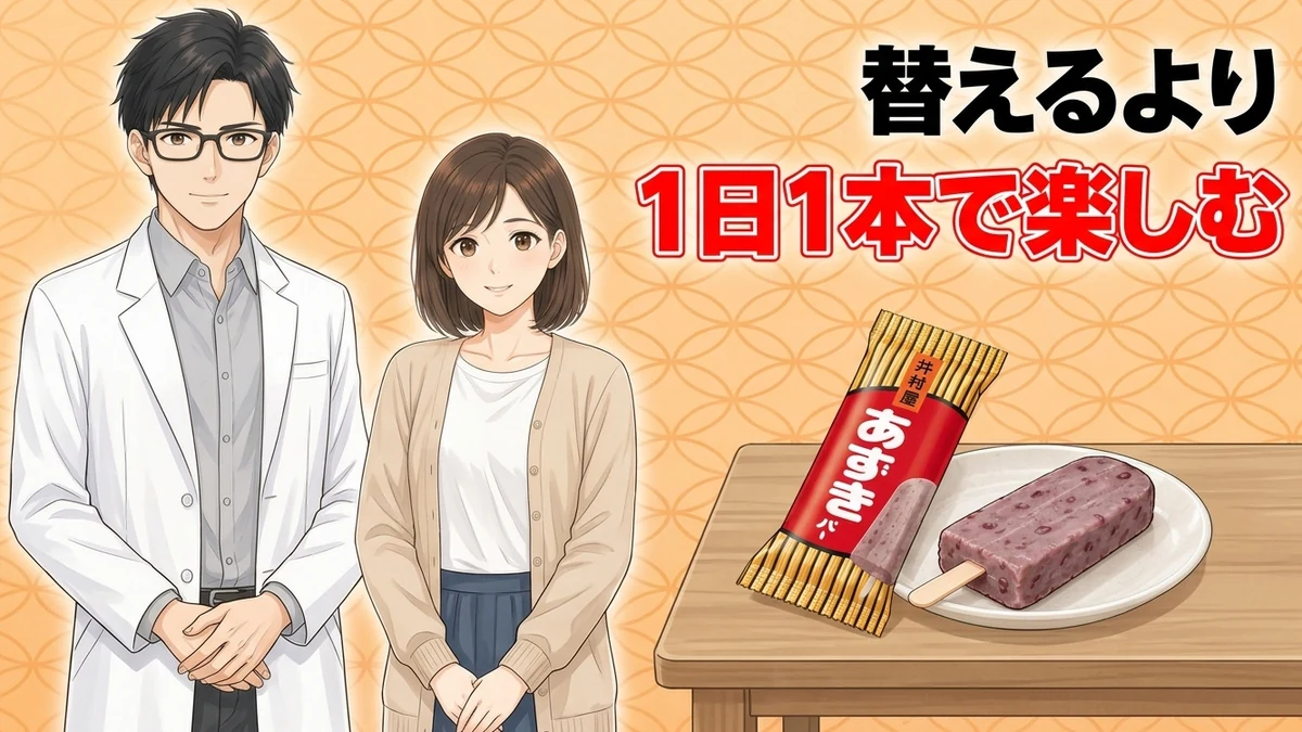 替えるより1日1本で楽しむと、あずきバーと袋を前に笑顔のセイジとナナ