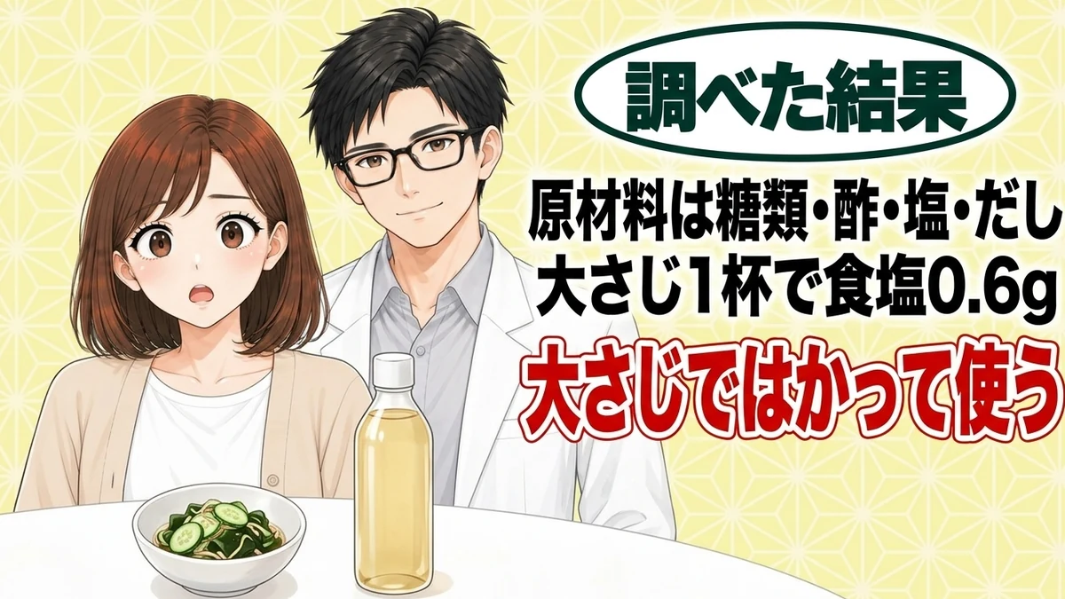 べんりで酢は原材料が糖類・酢・塩・だし、大さじ1杯で食塩0.6g、大さじではかって使う、と酢の物の小鉢を前に驚くナナと微笑むセイジのアイキャッチ