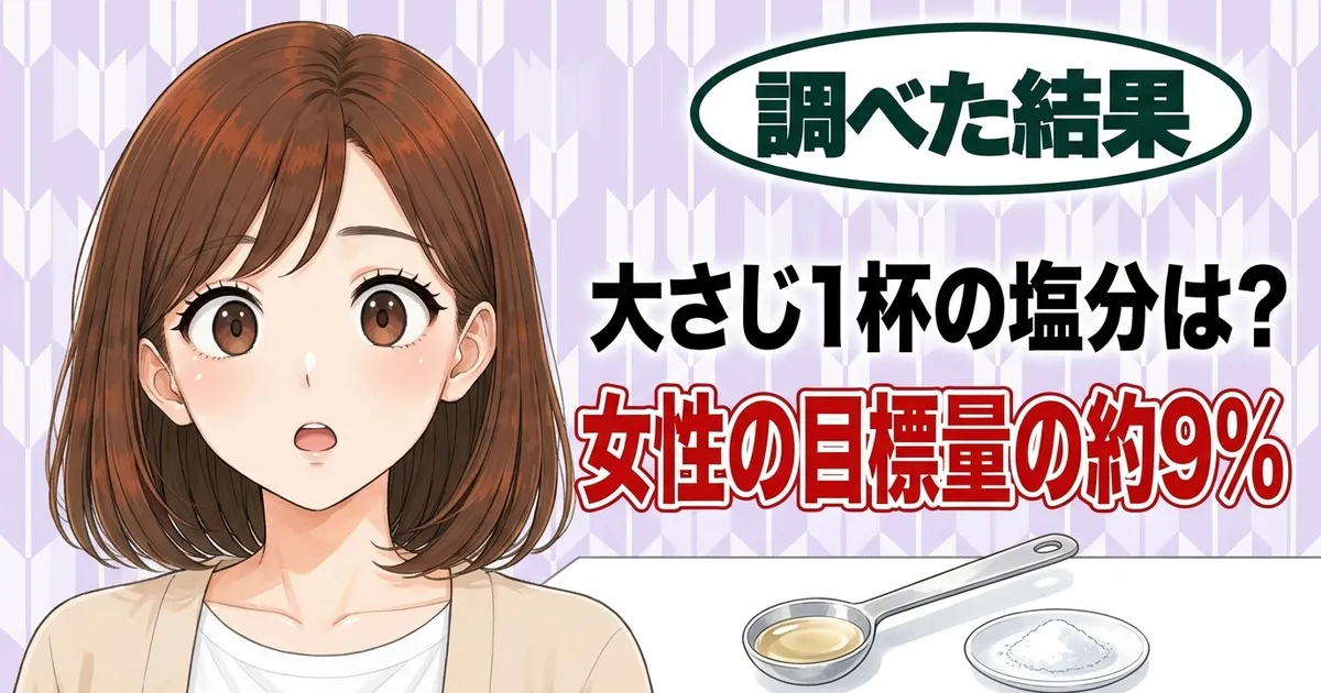大さじ1杯の塩分は？女性の目標量の約9%、と驚くナナと大さじ・塩の小皿のバナー