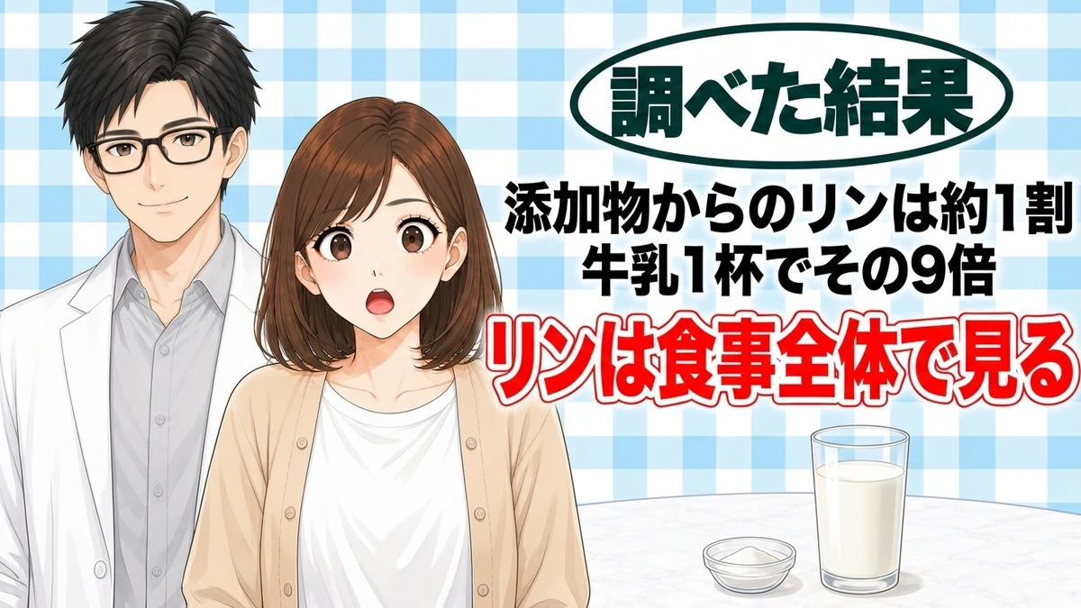 リン酸カルシウムは体に悪い？牛乳のコップと白い粉の小皿を前に驚くナナと微笑むセイジのアイキャッチ