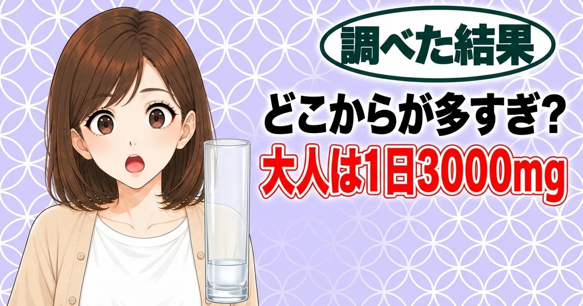 どこからが多すぎ？大人は1日3000mg、と驚くナナと少しだけ水の入ったコップ