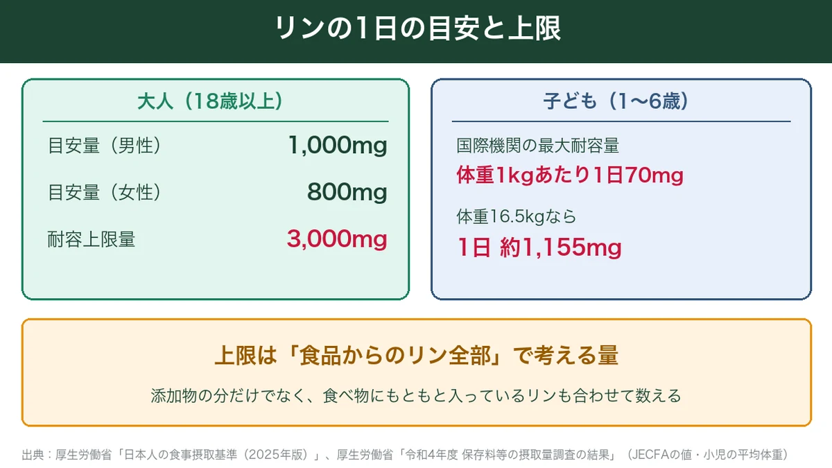 リンの1日の目安量・耐容上限量と子どもの最大耐容量