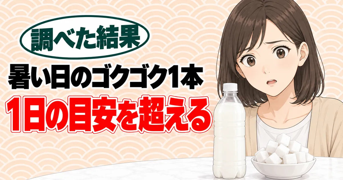 カルピスウォーターの糖のバナー。暑い日のゴクゴク1本で1日の目安を超えると書かれ、ペットボトルと角砂糖を前に驚くナナ
