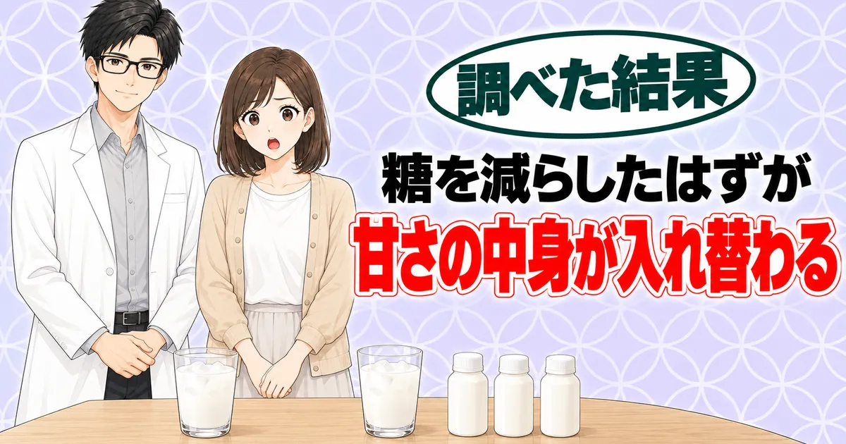 糖質60%オフとの比較のバナー。糖を減らしたはずが甘さの中身が入れ替わると書かれ、グラスと小瓶を前に驚くナナとセイジ