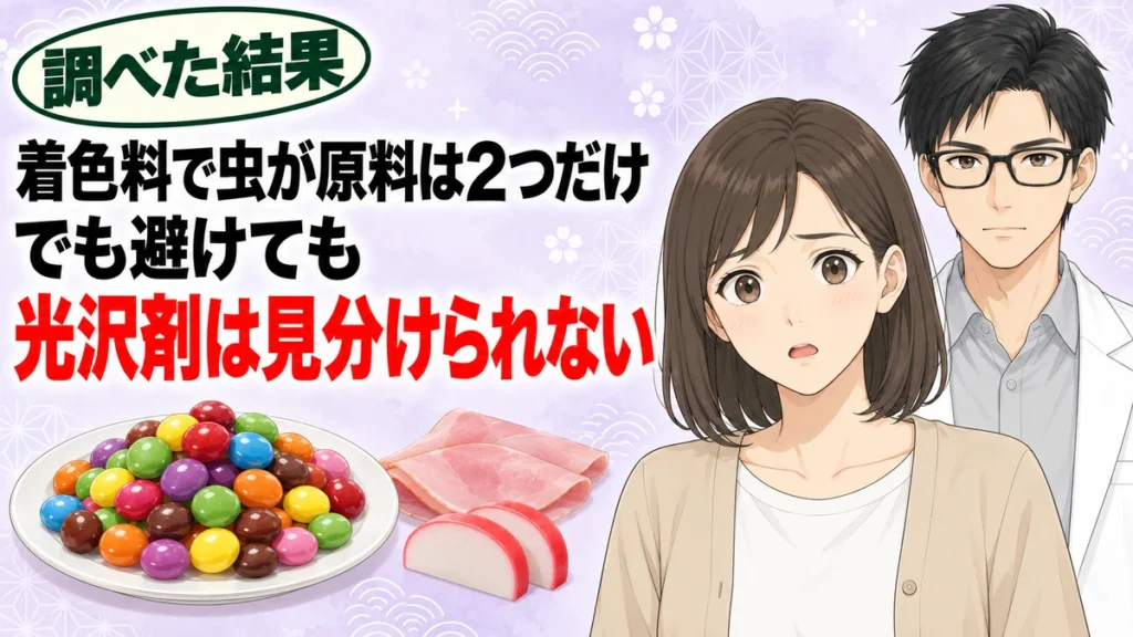 着色料で虫が原料は2つだけ、でも避けても光沢剤は見分けられないと驚くナナとセイジ