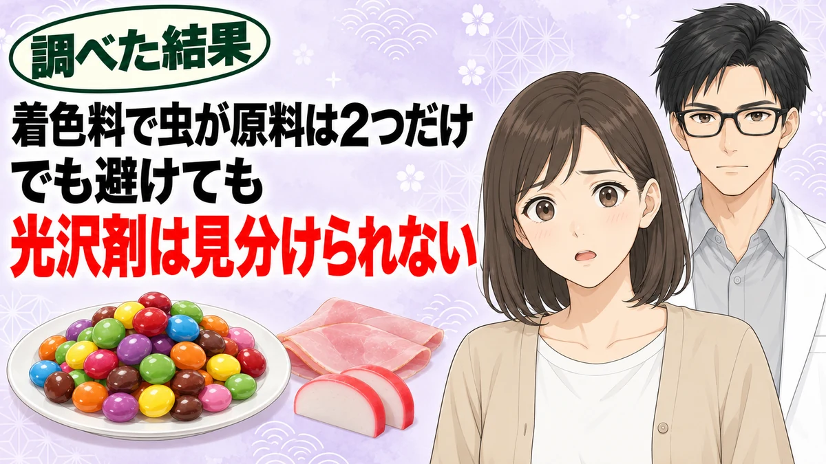 着色料で虫が原料は2つだけ、でも避けても光沢剤は見分けられないと驚くナナとセイジ