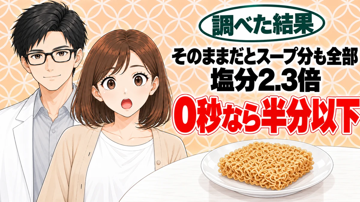 チキンラーメンをそのまま食べると体に悪い？お湯を避けると塩分2.3倍、と皿の乾いた麺を前に驚くナナと微笑むセイジのアイキャッチ