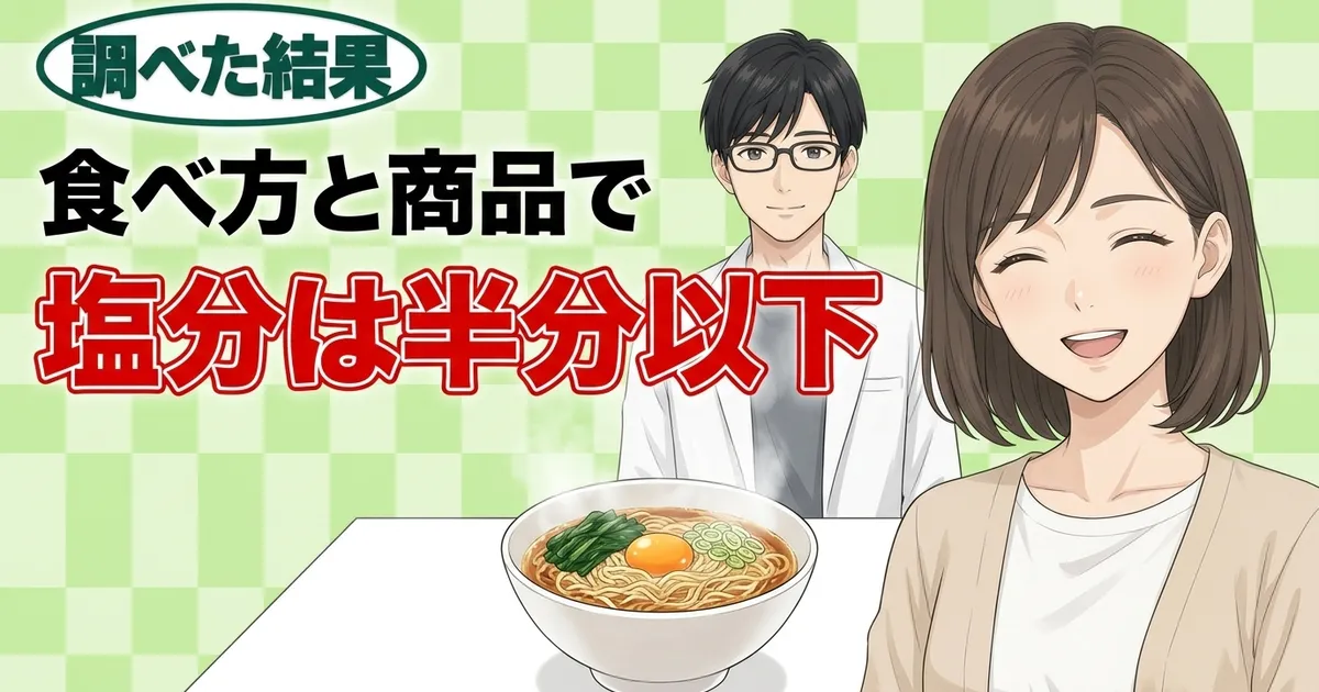 食べ方と商品で塩分は半分以下、と卵と青菜をのせたラーメンを前に笑顔のナナとセイジのバナー