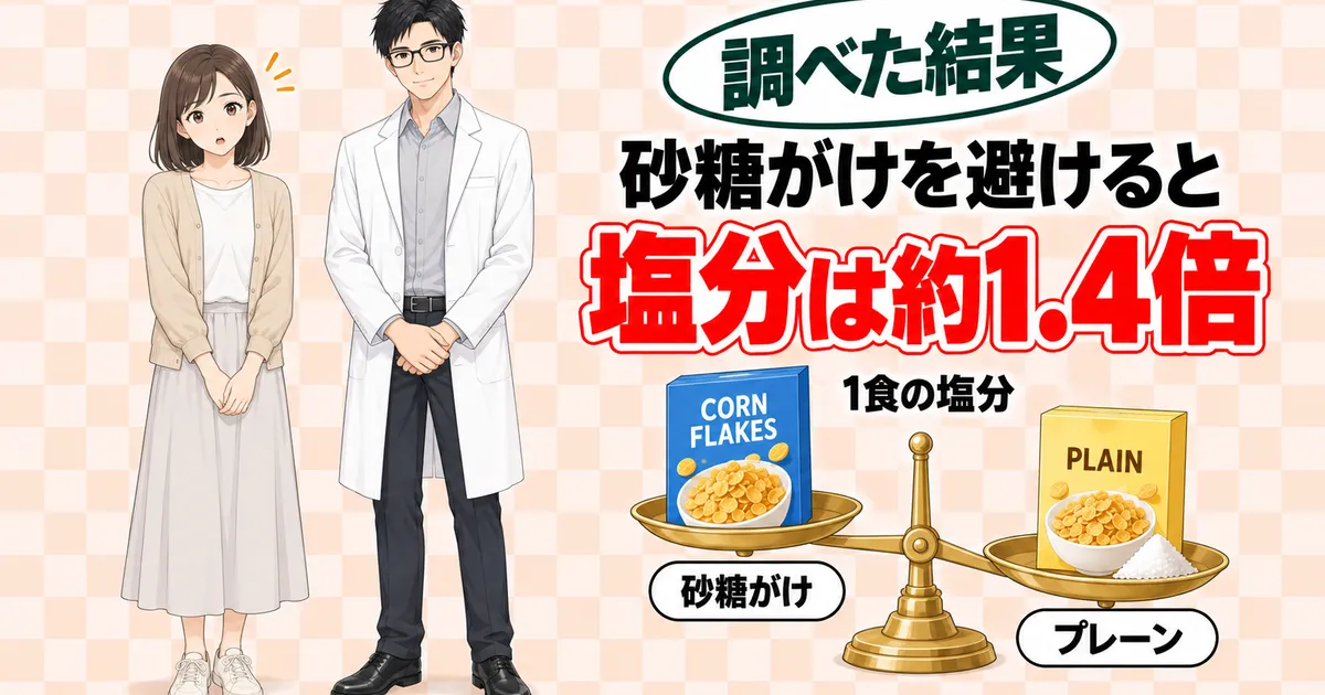 砂糖がけを避けると塩分は約1.4倍。砂糖がけの箱より、塩をのせたプレーンの箱の皿が下がる天秤と驚くナナ、セイジ